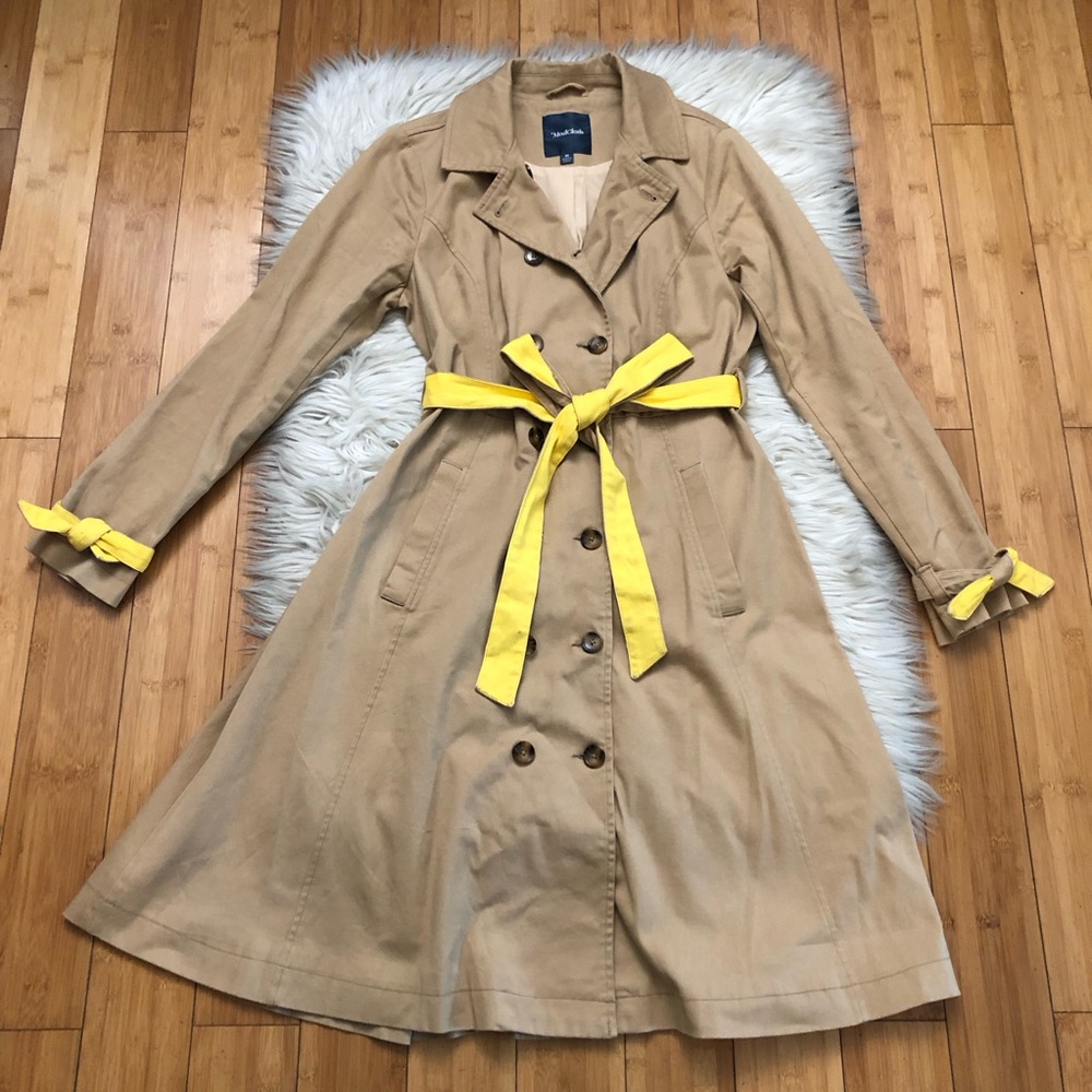 ModCloth Colorblock Contrast Double Breasted Pleated Tan Yellow Trench Coat M - Picture 4 of 16